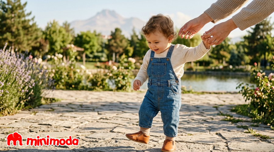 Erciyes dağının göründüğü gölet yanındaki yeşillikli bir parkta ilk adım ayakkabısı giyen yürümeye yeni başlamış neşeli çocuğunu tutan annenin kolları