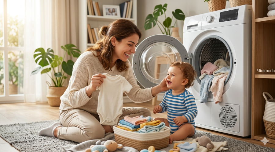 Bebek Kıyafetleri Kurutmaya Atılır mı? bebeği ile birlikte gülen ve kurutma makinesinden aldığı bebek kıyafetlerini katlayan bir anne