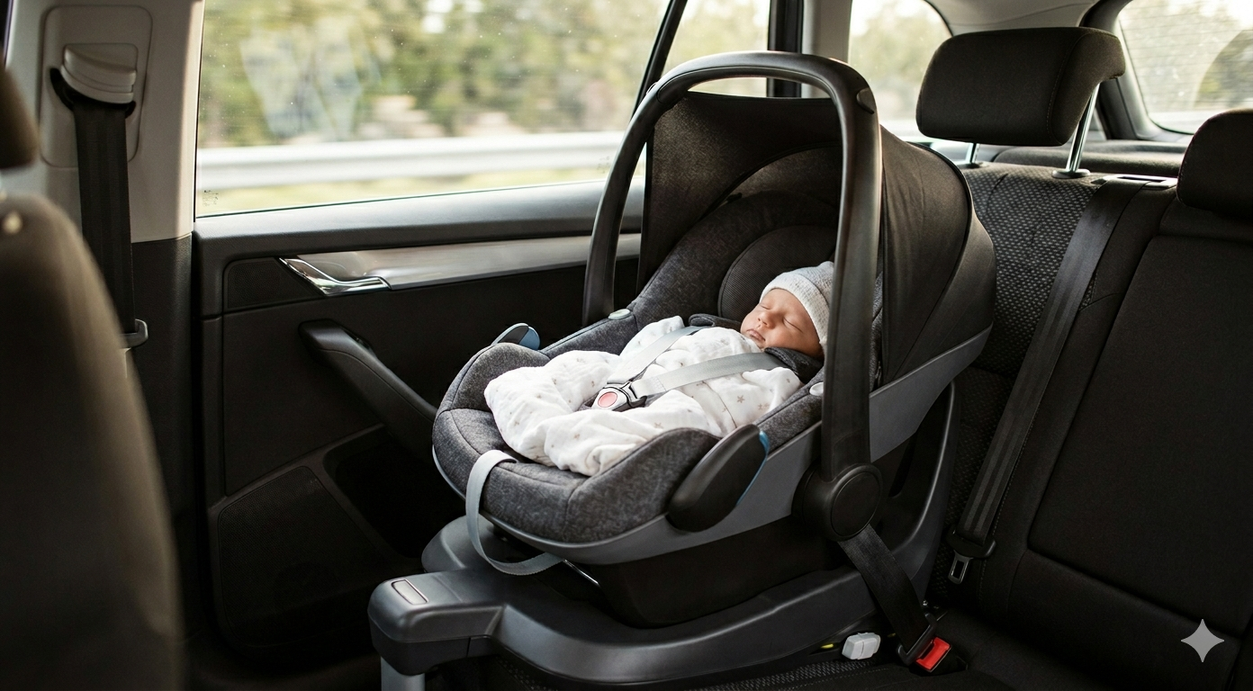 Puset nedir? araç içi puset gösterimi ve içerisinde uyuyan bir bebek yapay zeka görseli