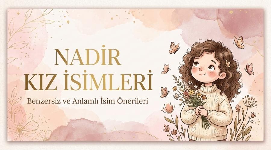 pembe ve somon tonlarında sulu boya arka planı olan bir blog kapak görseli sol tarafta altın sarısı harflerle büyükçe nadir kız isimleri yazıyor altında daha küçük harflerle benzersiz ve anlamlı isim önerileri alt başlığı yer alıyor sağ tarafta kıvırcık saçlı krem rengi kazaklı küçük bir kız çocuğu elinde bir demet çiçek tutuyor ve gökyüzüne bakıyor etrafında kelebekler ve gold varaklı yaprak çizimleri var görselin tamamında altın ışıltılar ve çerçeve detayı bulunuyor