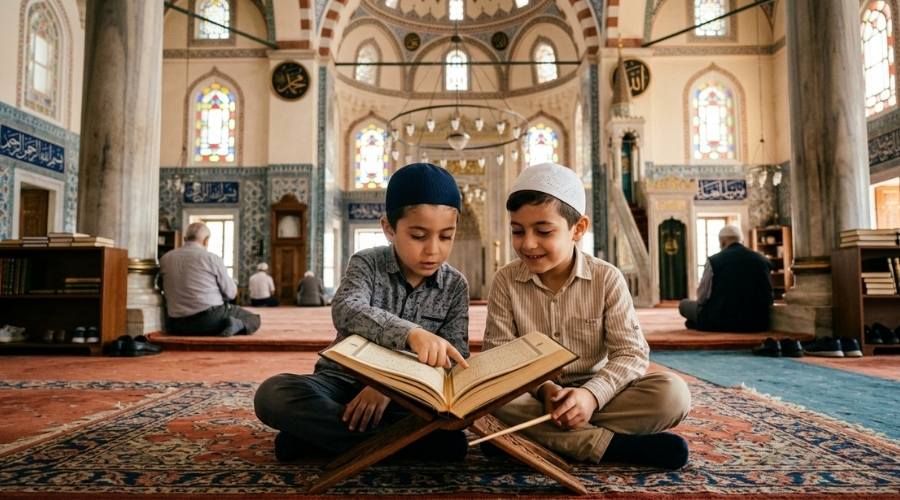 Cami'de rahle üzerindeki Kur'an-ı Kerim'i birlikte okuyan ve öğrenen takkeli iki erkek çocuğu.