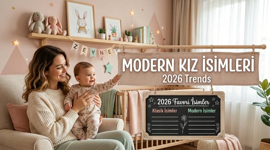 Soft pembe ve krem tonlarında dekore edilmiş modern bir bebek odasında koltukta oturan güleryüzlü bir anne kucağındaki neşeli bebeğini tutuyor odadaki ahşap raf üzerinde sevimli tavşan oyuncakları ve Zeynep yazılı renkli bir flama zinciri dikkat çekiyor sağ tarafta yer alan büyük hasır afiş üzerinde beyaz harflerle Modern Kız İsimleri 2026 Trends yazıyor bu afişin hemen altında asılı duran küçük kara tahtada ise 2026 Favori İsimler Klasik İsimler ve Modern İsimler başlıkları yer alıyor