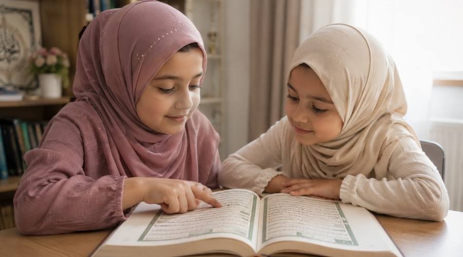 iki tesettürlü küçük kız çocuğunun masa başında kuran okumayı öğrendiği sakin ve sıcak bir iç mekan sahnesi kitap uzerinde odaklanmış öğrenme anı doğal ışık ve huzurlu bir ortam