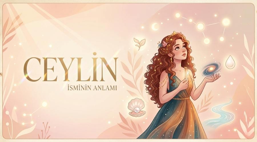 açık pembe ve krem tonlarında ışıltılı bir arka planı olan blog kapak görseli sol tarafta büyük ve parlak altın sarısı harflerle ceylin yazıyor altında daha küçük harflerle isminin anlamı alt başlığı yer alıyor sağ tarafta uzun kıvırcık kahverengi saçlı zarif bir genç kız figürü gökyüzüne doğru bakıyor kızın elinde küçük bir anahtar var diğer elinin üzerinde ise parıldayan bir galaksi sarmalı küçük bir su damlası simgesi ve gökyüzünde takımyıldız çizgileri yer alıyor sol alt tarafta bir inci tanesi ve açık istiridye kabuğu figürü sağ alt tarafta ise kıvrımlı mavi bir akarsu çizimi bulunuyor tüm görsel hafif bir parıltı ve ince bir çerçeve ile çevrelenmiş durumda