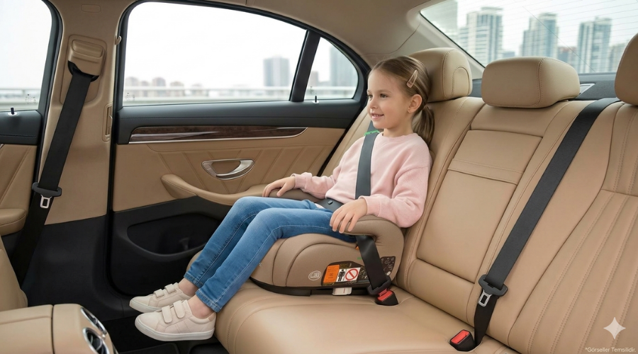 Adac tesi nedir? adac testinden geçen bir oto koltuğu ile seyahat eden pembe bluzlu ve mavi kot pantolonlu sarışın kız çocuğu