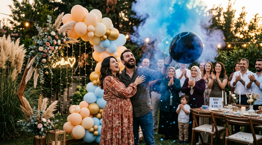 Açık havada yapılan bir cinsiyet belirleme partisinde mavi duman çıkaran bir balon patlatan mutlu hamile çift ve arkada onları alkışlayan konuklar