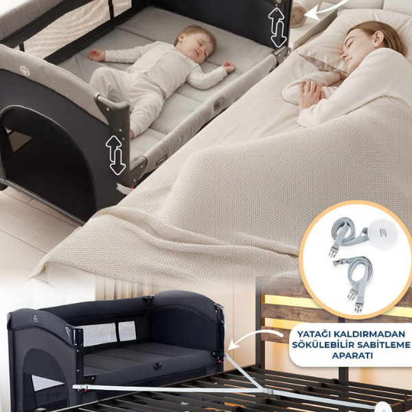 Prego Dubai 10in1 Anne Yanı Park Yatak Oyun Parkı Sallanır Beşik Yana Açılır - Kolay Katlanır +Yatak Hediye