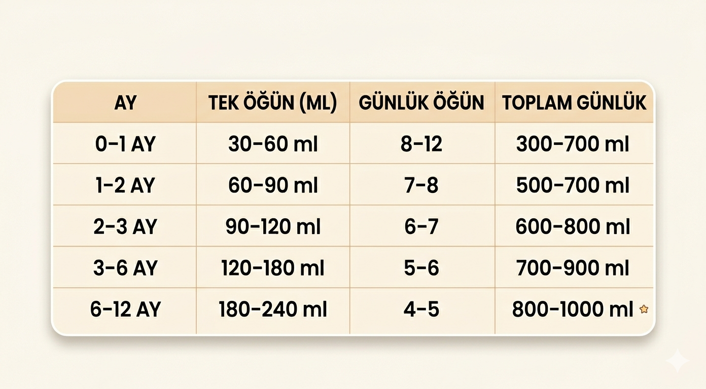 Aylara göre bebek mama ölçülerini gösteren görselleştirilmiş tablo.