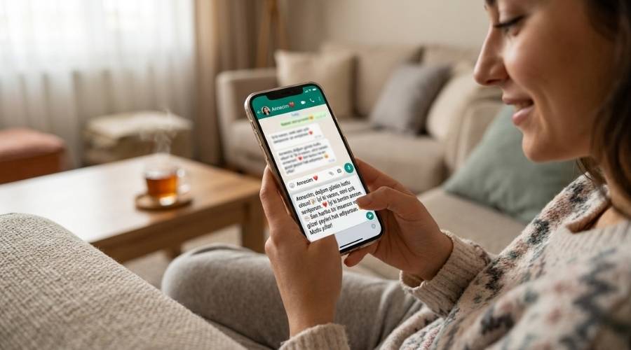 Masada çay elinde telefon ile annesine mesajlaşma uygulaması üzerinden doğum günü mesajı atan bir kadın yapay zeka ile hazırlanmıştır