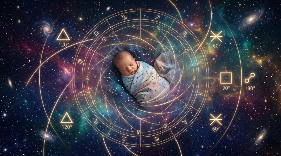Doğum haritası hesaplama aracı temsili sembollerin arasında uyuyan arkasında gezegenler ve yıldızlar bulunan hayali bir bebek görseli