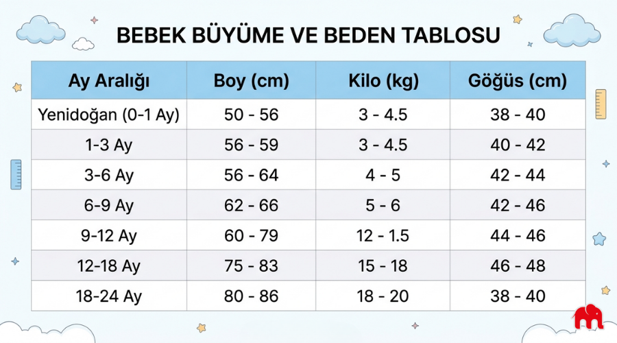 Bebek büyüme ve beden tablosu. (boy, kilo ve göğüs ölçülerine göre)