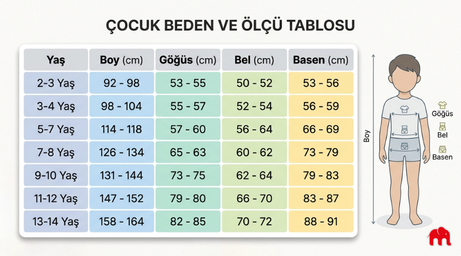 Çocuk beden tablosu. (yaş, boy, bel, basen)