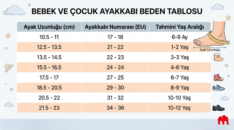 Bebek ve Çocuk Ayakkabı Beden Tablosu (Ayak Uzunluğu, Ayakkabı Numarası, Yaş Aralığı)