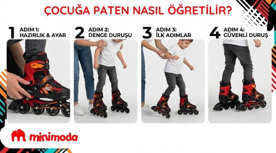 Çocuğa paten nasıl öğretilir 4 adımda uygulamalı tarif eden kapak görselidir.