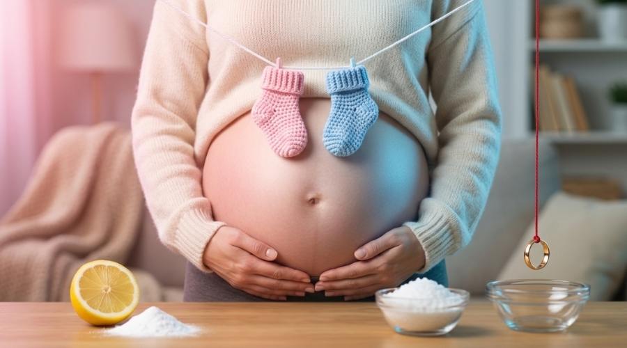 Hamilelikte cinsiyet hurafeleri temsili pembe ve mavi patikler limon karbonat ve ipe asılı altın yüzük ile halk arasında yaygın olan geleneksel tahmin yöntemlerini görselleştiriyor
