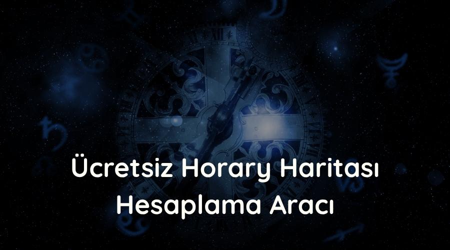 Gökyüzü yıldızları ve burç sembolleri arkaplanlı ücretsiz horary haritası hesaplama aracı başlıklı kapak görseli.