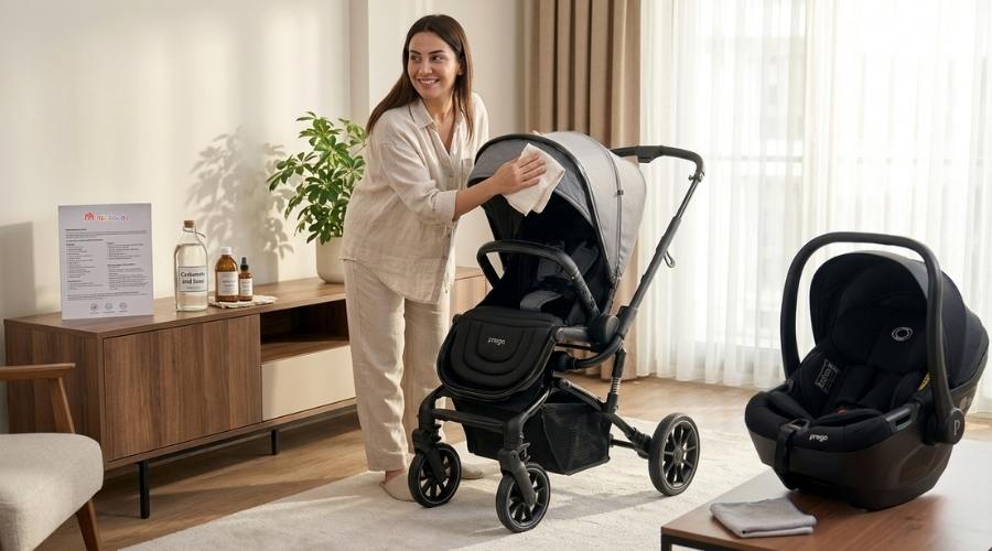 Güneşli bir odada çekilmiş fotoğrafta keten pantolon ve gömlek giymiş esmer bir kadın Prego marka gri tenteli siyah bebek arabasını havlu ile silerek temizliyor Kadının solundaki sehpada Minimoda com tr yazılı bir kağıt ve Carbonate and Soap yazılı bir şişe duruyor Sağında ise ayrı bir puset yer alıyor