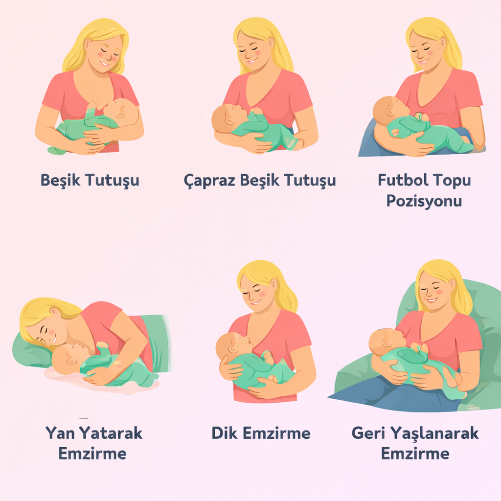 Doğru Emzirme Pozisyonları. Beşik Tutuşu, Çapraz Beşik Tutuşu, Futbol Topu Pozisyonları,Yan Yatarak Emzirme, Dik Emzirme ve Geri Yaslanarak Emzirme Gibi Emzirme Pozisyonlarının Sarı Saçlı Pembe Bluzlu Anne ve Yeşil Tulumlu Bebeği İle Temsil Edildiği Animasyon Görseli.