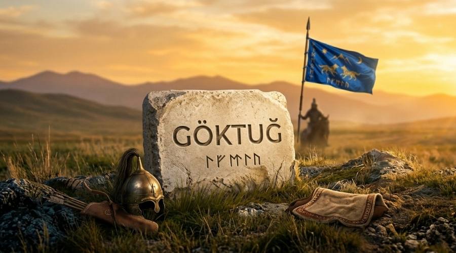 Güneşin doğduğu uçsuz bucaksız bozkırda üzerinde 'GÖKTUĞ' ismi ve Göktürk alfabesiyle 'Gök Börü' yazan tarihi bir anıt taşı Taşıyıcısının elinde üzerinde kurt ve ay sembolleri olan mavi renkli bir sancak ve arkada hareket halindeki süvariler yer alıyor.