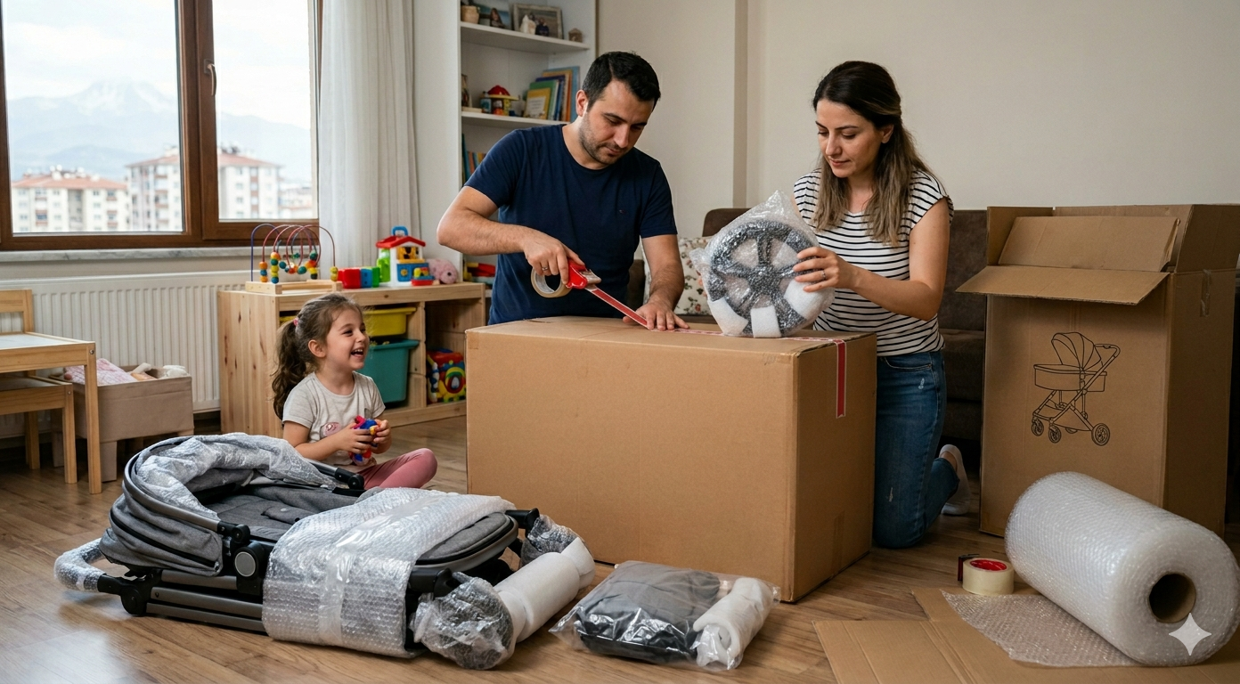 Bebek arabası nasıl kargolanır? bebek arabası nasıl kurulur? kurulum ve kargolama yapan aile evin içerisinde ve arkalarında bulunan camda komşu binalar ile erciyes dağı görünüyor