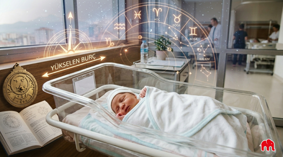 Modern bir hastane odasında şeffaf bir bebek yatağı içinde huzurla uyuyan yenidoğan bebek görseli üzerine bindirilmiş astrolojik yükselen burç çarkı takım yıldızları ve antik bir usturlap illüstrasyonu bebeğin doğum saatiyle karakter analizini ve yükselen burç hesaplamasını temsil ediyor.