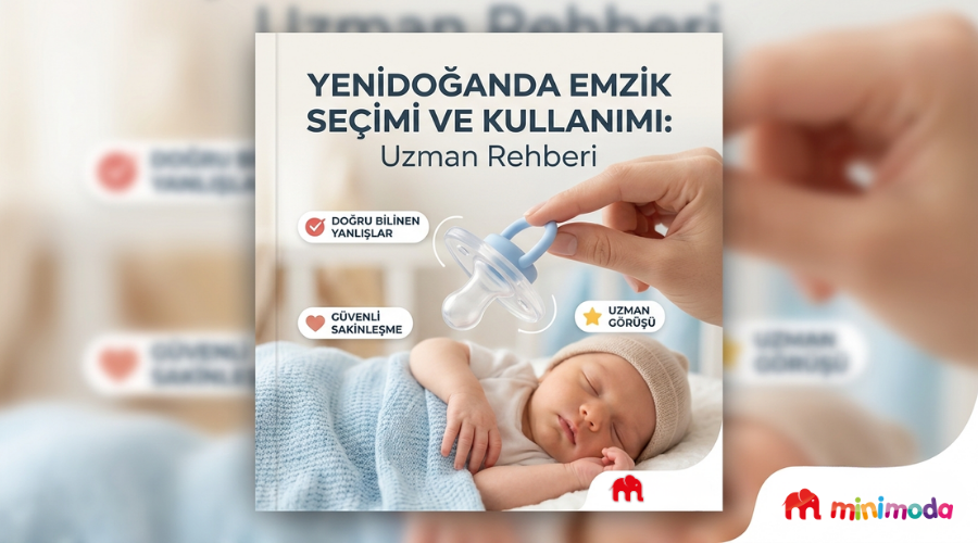 Yenidoğanda emzik kullanımını uyuyan bebeğinin önünde emziği tutarak gösteren anne