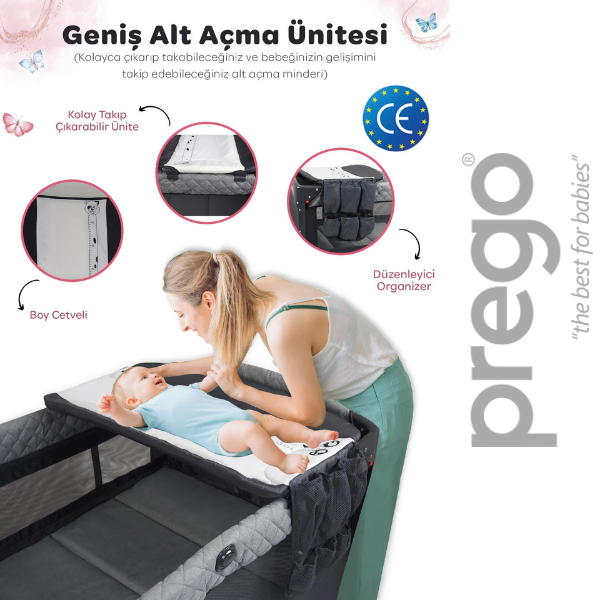 Prego Premium Line park yatağın boy cetveli ile bebeğinizin boyunu 2 yaşına kadar evde kolayca takip edebilirsiniz.