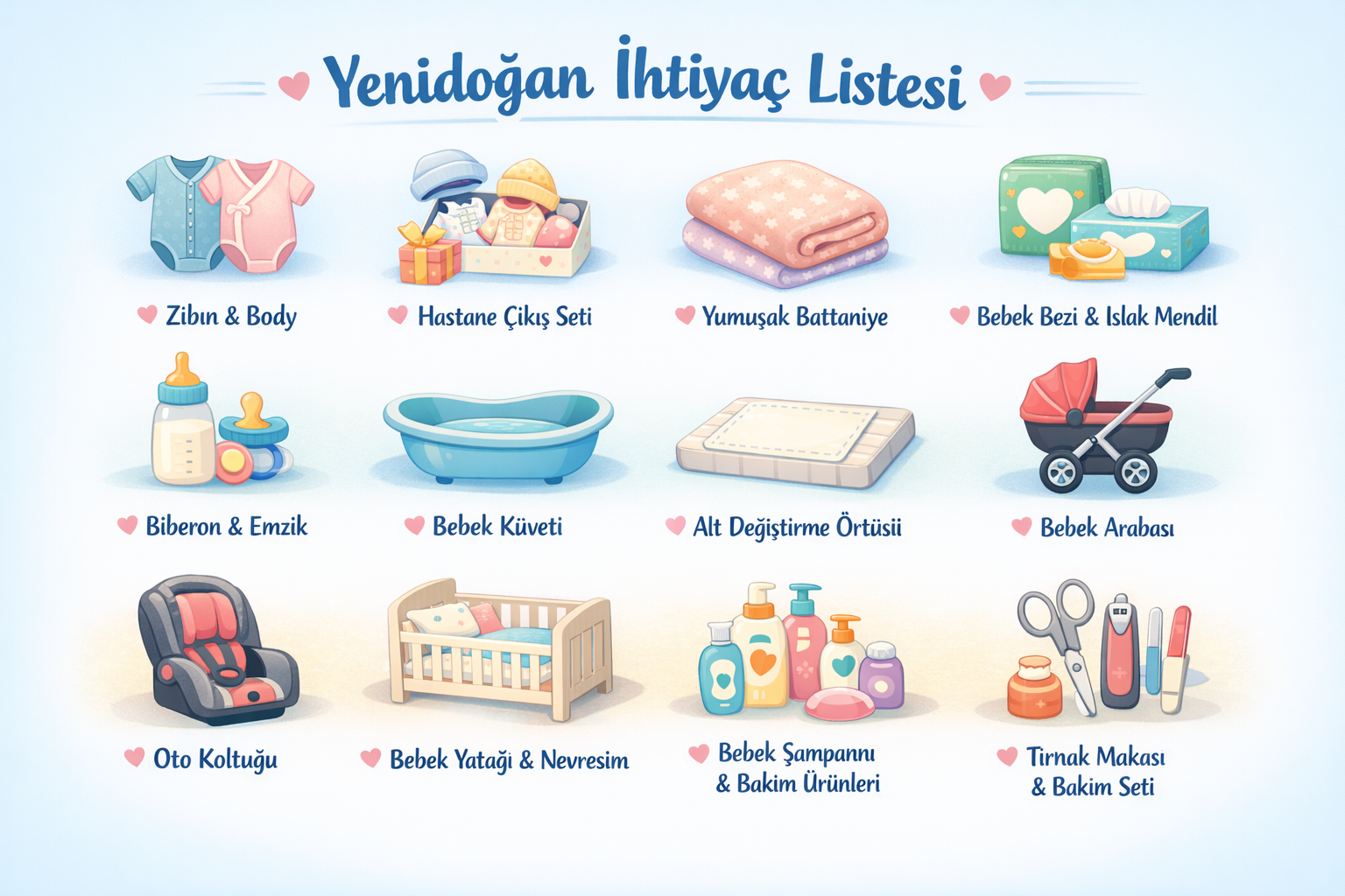 Yenidoğan ihtiyaç listesini gösteren görsel