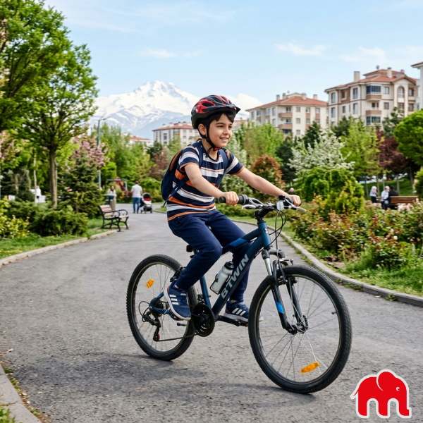 Erciyes Dağı'nın göründüğü bir parkta 24 jant bisiklet süren 8-12 yaşlarında bir çocuk