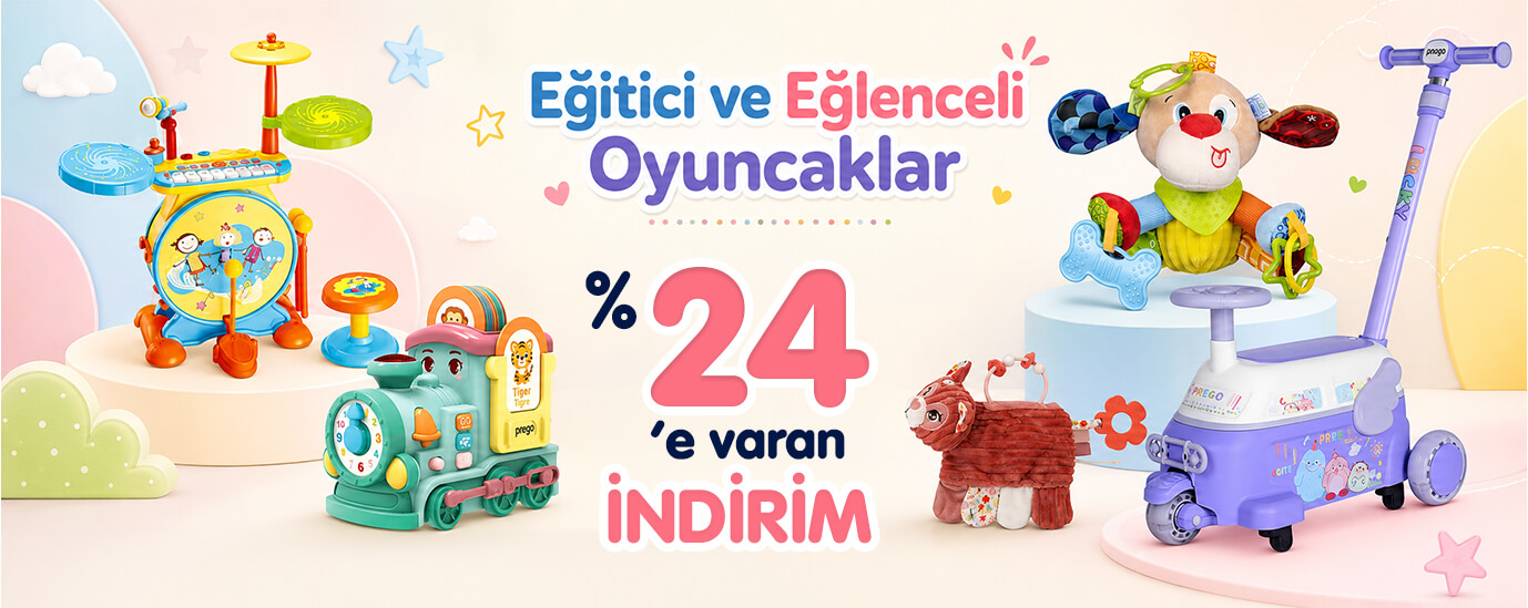 Bebek oyuncakları %24' varan indirim yazılı tanıtım görseli