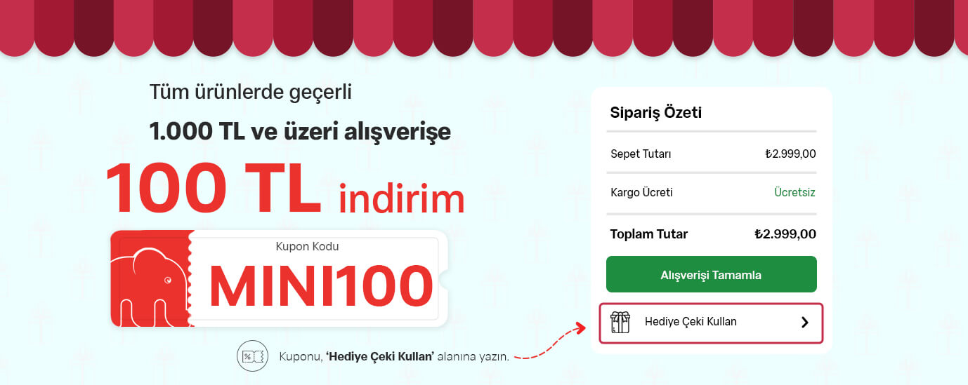 MINI100 kupon kodu ile 1.000 TL ve üzeri alışverişlerde 100 TL indirim kazanabileceğiniz tanıtım görseli