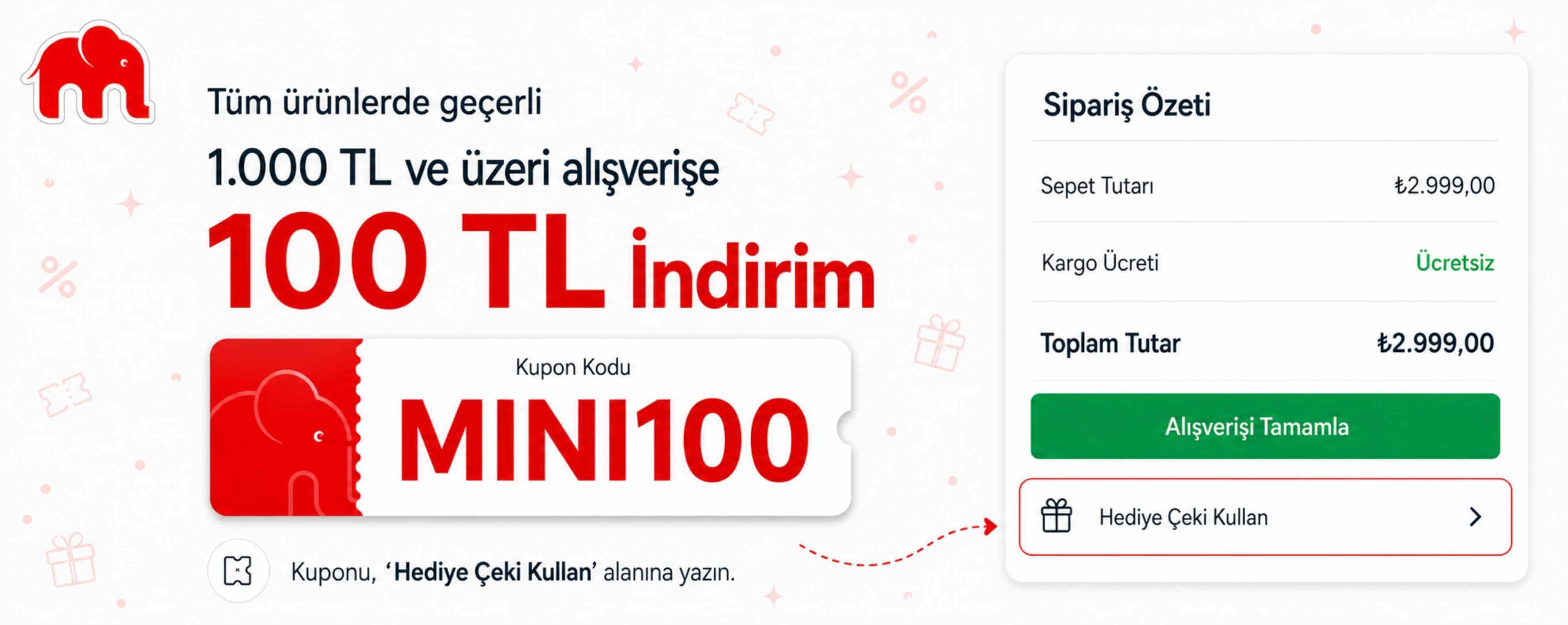 MINI100 kupon kodu tanıtım slider görseli, 1.000 TL ve üzeri 100 TL indirim. 