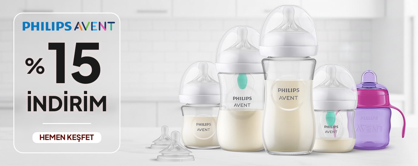 Philips Avent ürünlerinde %15 indirim başlıklı Avent biberonların yer aldığı slider görseli