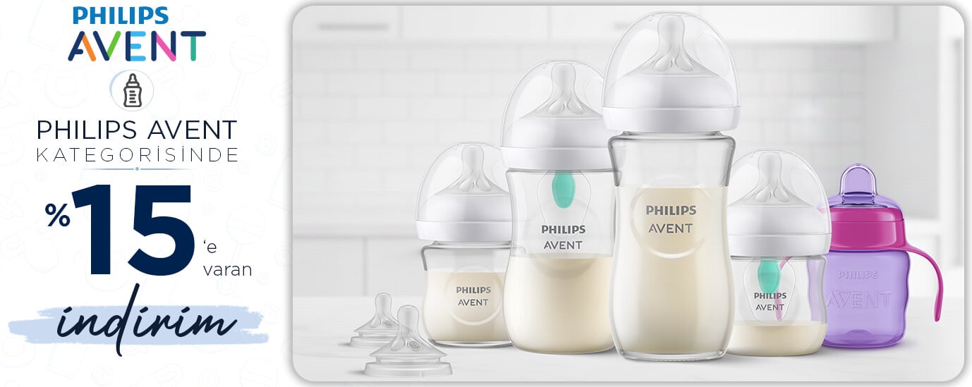 Philips Avent ürünlerined %15'e varan indirim başlıklı Avent biberonların yer aldığı slider görseli