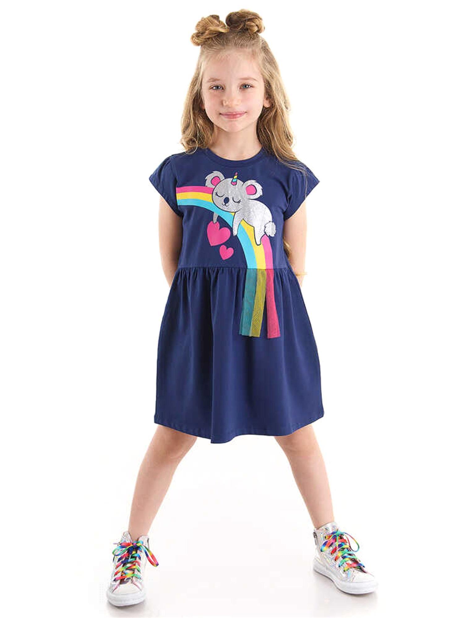 Denokids Kız Çocuk Koala Pamuklu Penye Elbise Lacivert CFF-22Y2