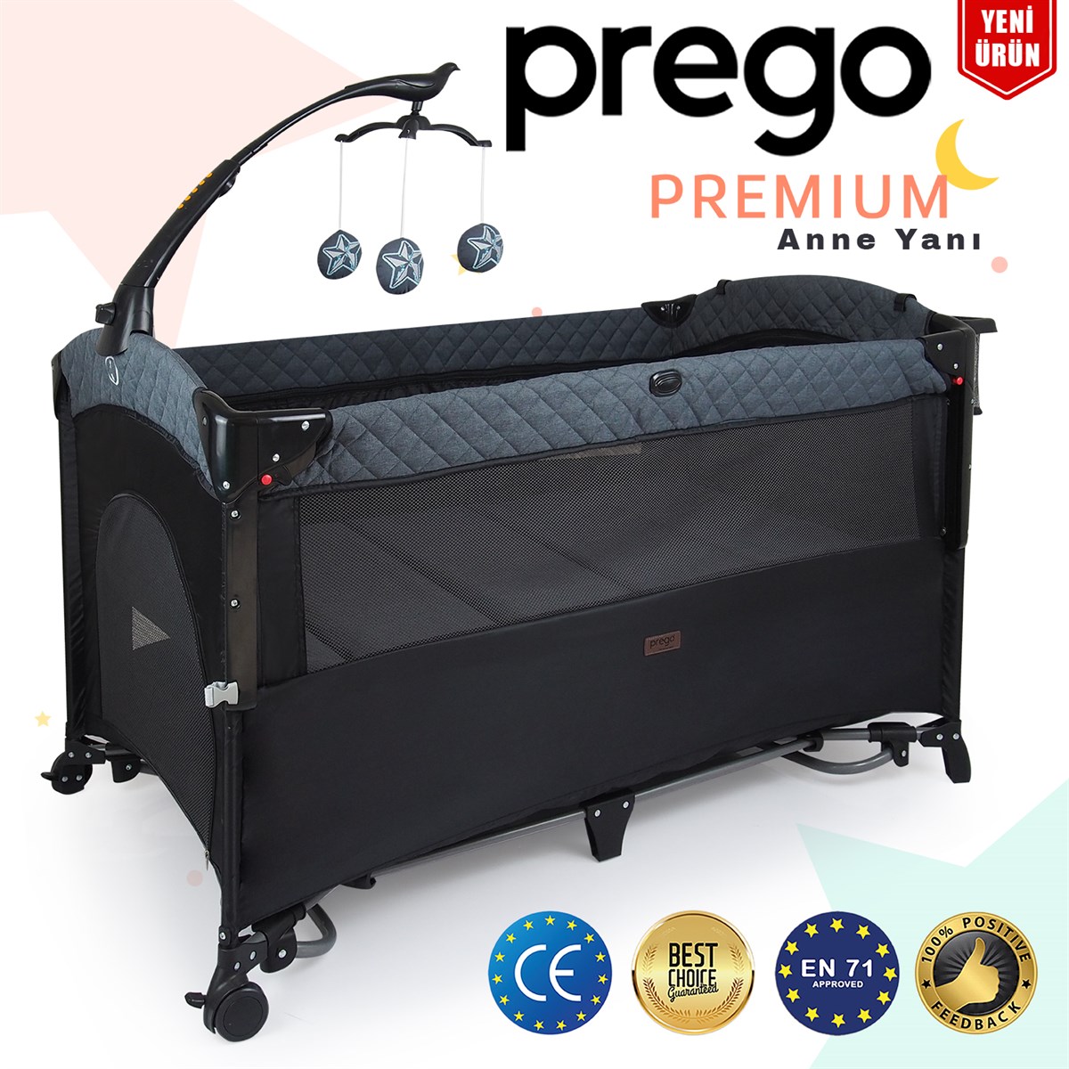 Prego Premium Anne Yanı Dönenceli Oyun Parkı 70*120 Cm Füme 8048 - Minimoda