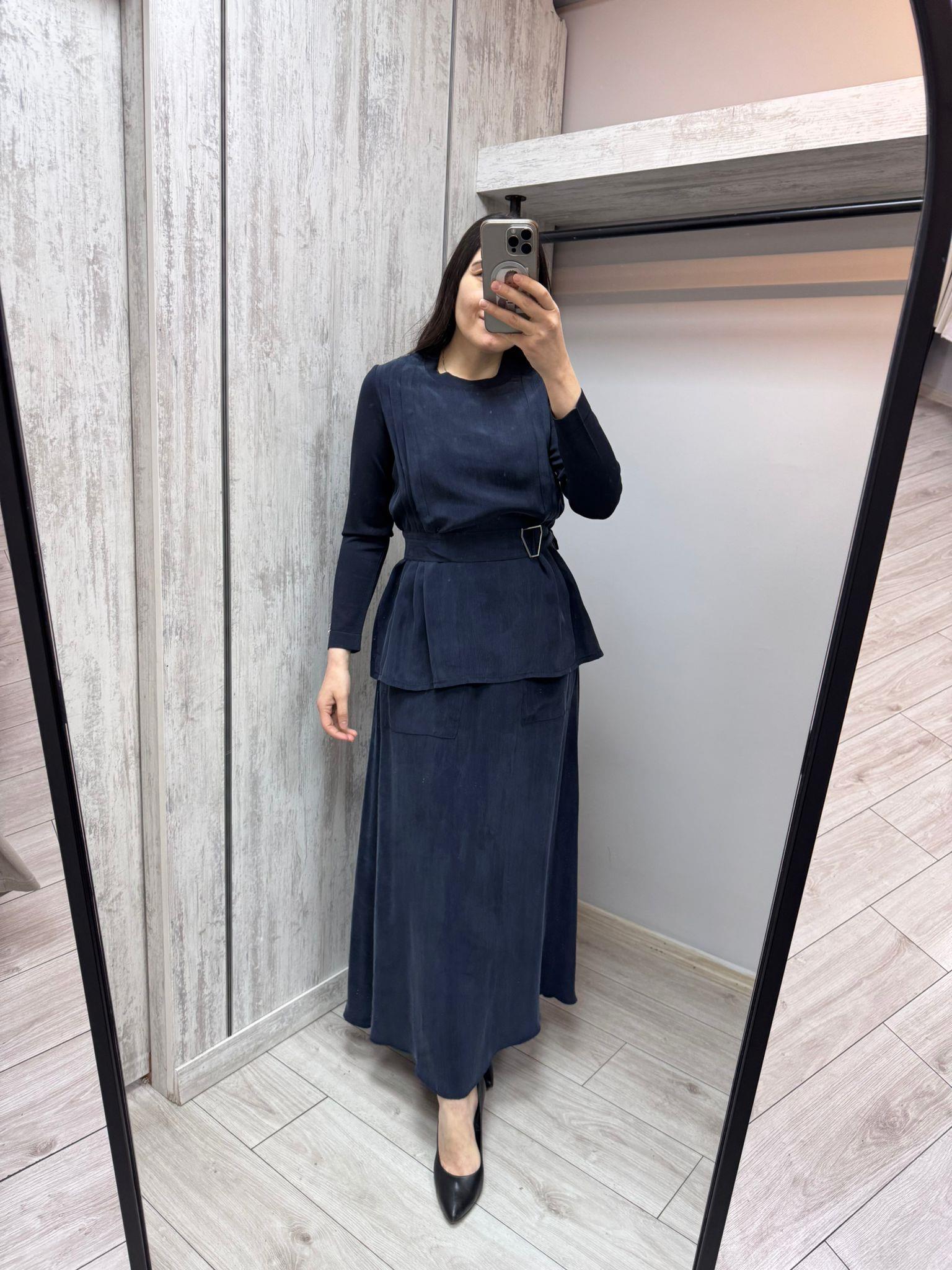 Missdalida 26Y- 6003 DARK NAVY KEMERLİ PİLE DETAYLI CUPRO TUNİK 