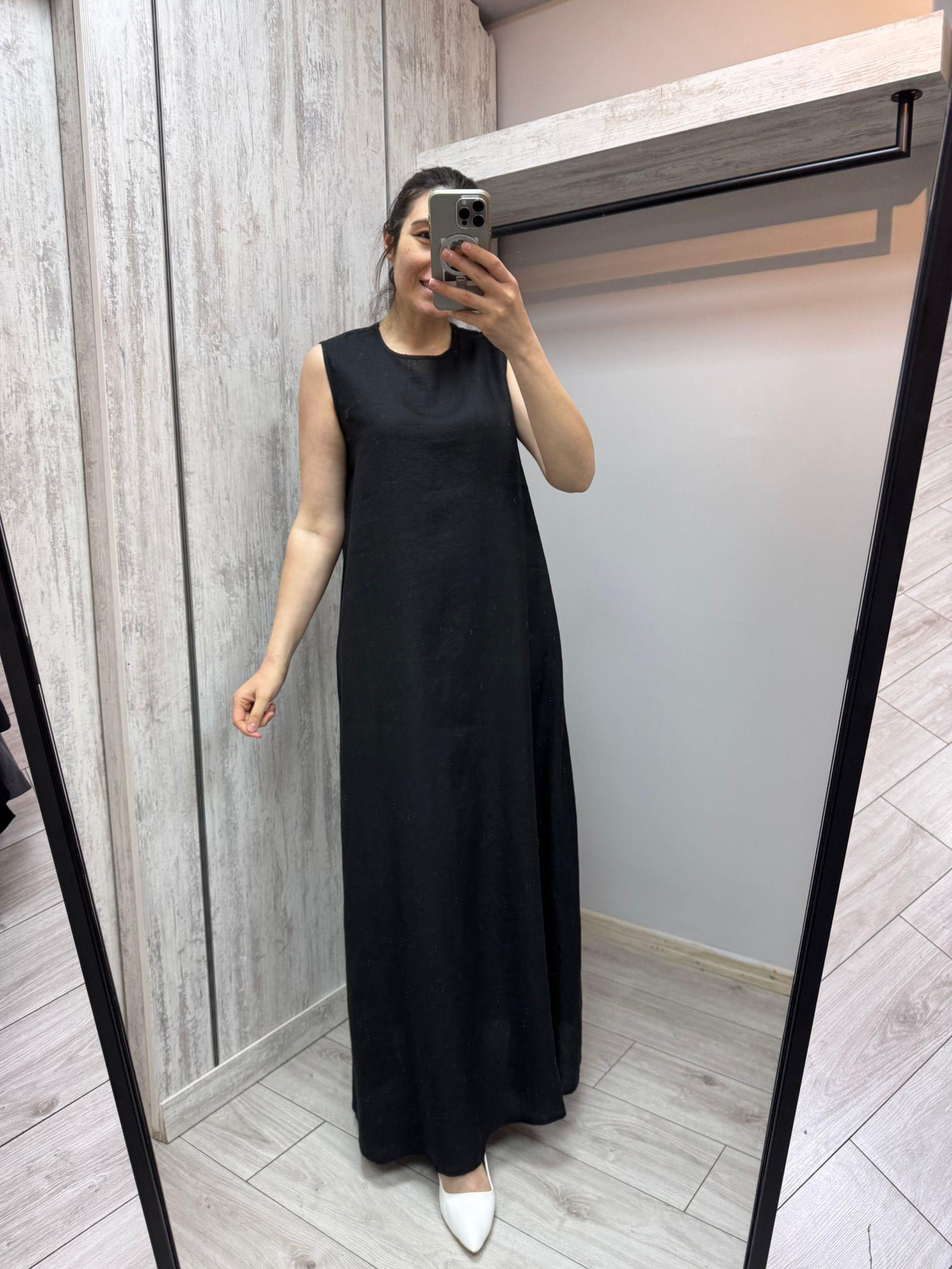 Missdalida 4077 Black Kolsuz Keten Elbise