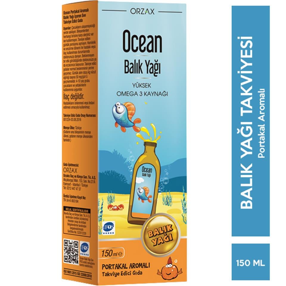 Orzax Ocean Omega 3 Balık Yağı Şurubu 150 ML Portakal Aromalı