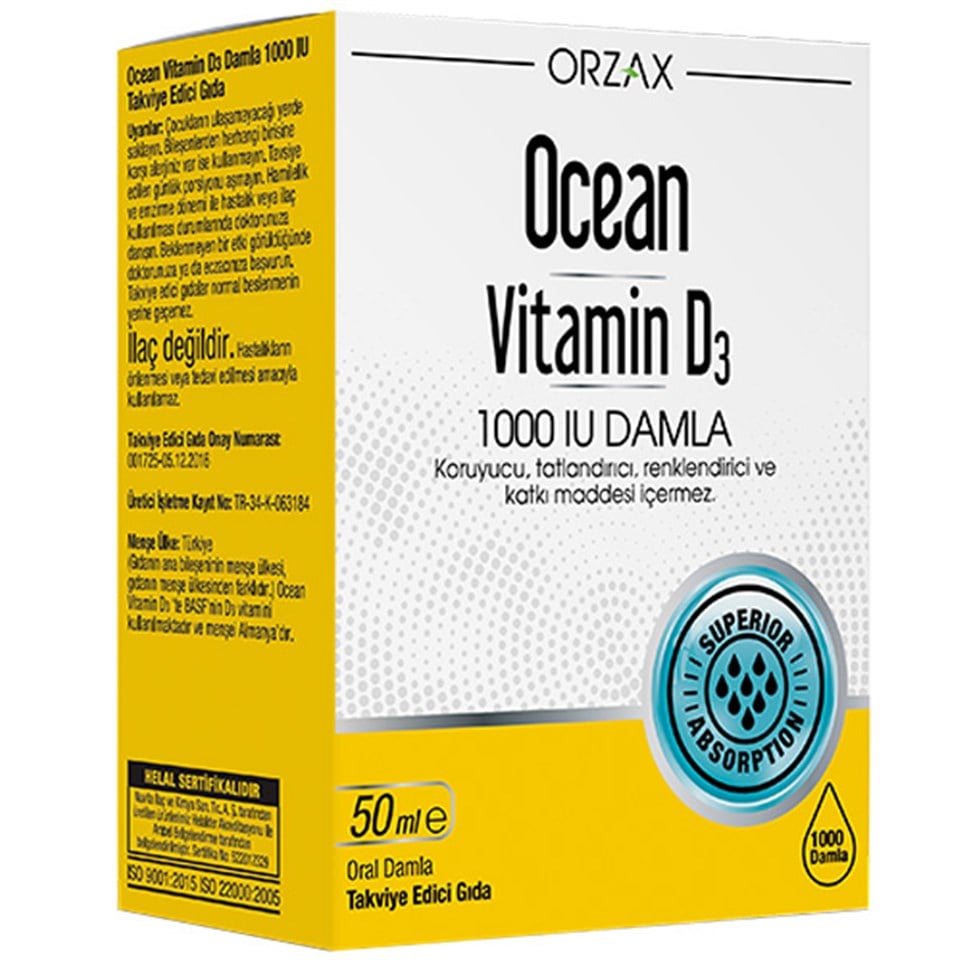 Orzax Ocean Vitamin D3 Damla 1000 IU 50 ML D Vitamini Takviyesi