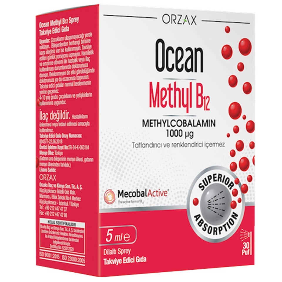 Orzax Ocean Methyl B12 1000 MCG Sprey 5 ML B12 Takviyesi