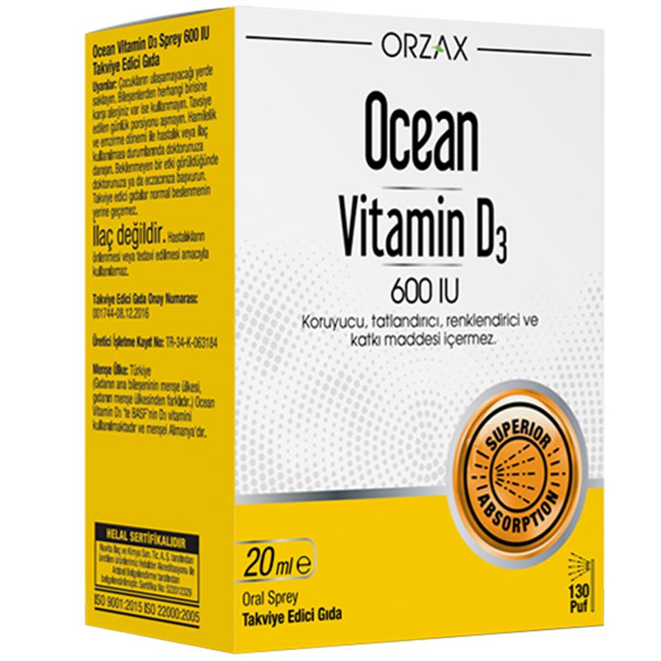 Orzax Ocean Vitamin D3 Sprey 600 IU 20 ml D3 Vitamin Takviyesi