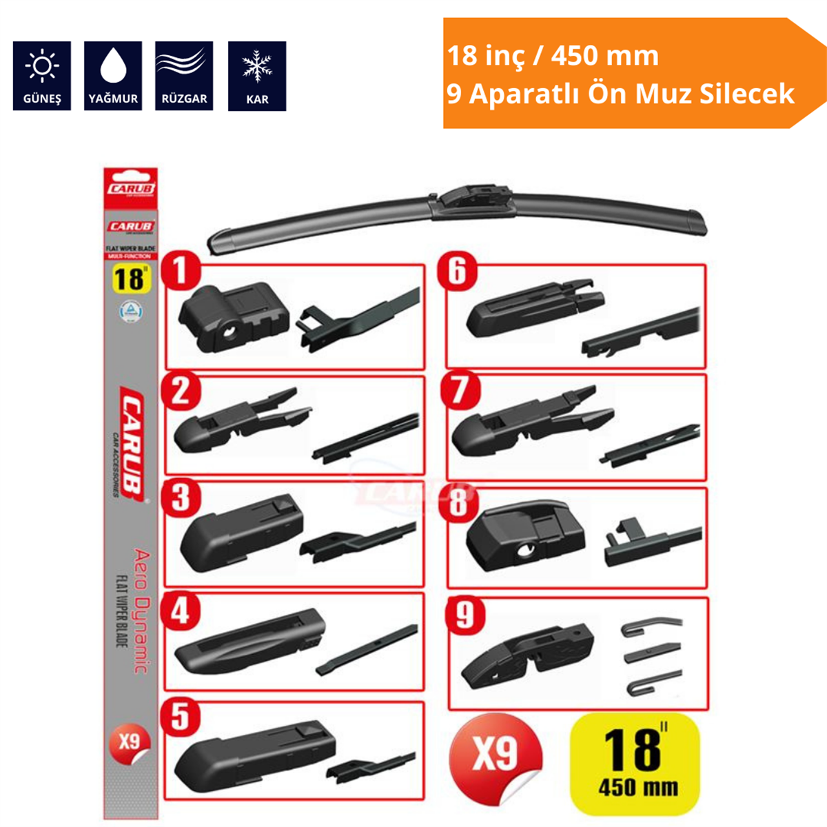 9 Aparatlı Ön Muz Silecek 18 inç/450 mm Kod:1353355