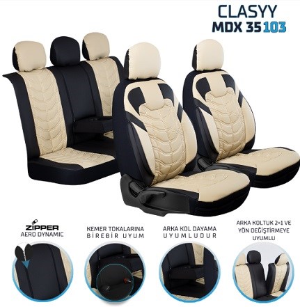 CLASYY KOMPLE DERİ OTO KOLTUK KILIFI BEJ SİYAH KOD:MDX35-103