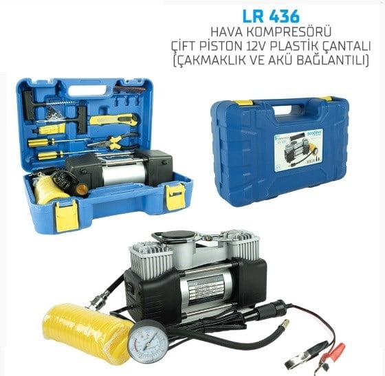 HAVA KOMPRESÖRÜ ÇİFT PİSTON 12V(PLASTİK ÇANTA)ÇAKMAK FİŞLİ ARTI AKÜ BAĞLANTILI KOD:LR-436-1