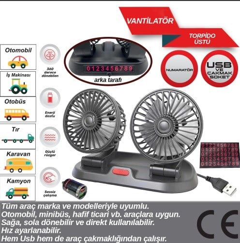 VANTİLATÖR TORPİDO ÜSTÜ USB ÇİFTLİ PARKMATİK KOD:6400619