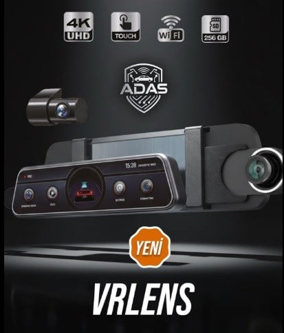 VRLENS 2 KAMERALI 10'' TOUCH SCREEN-ADAS+BSD-4K+2K-LOOP RECORDING-WIFI-G SENSOR 256 GB MİCRO SD KART DESTEĞİ KOD: VRLENS