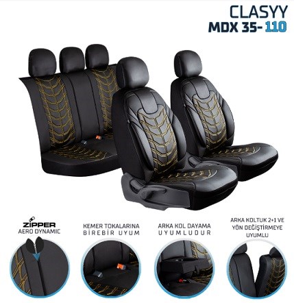  CLASYY DERİ OTO KOLTUK KILIFI SİYAH. NAKIŞ SARI KOD:MDX35-110