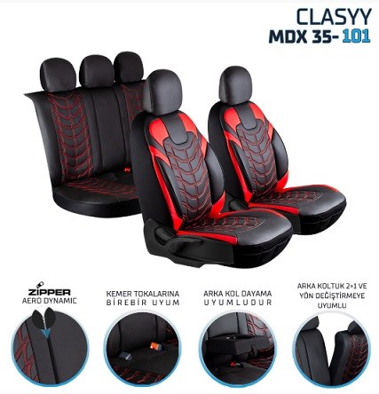  CLASYY DERİ OTO KOLTUK KILIFI SİYAHLI KIRMIZI. KIRMIZI NAKIŞ KOD:MDX35-101