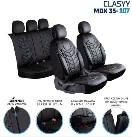  CLASYY KOMPLE DERİ OTO KOLTUK KILIFI SİYAH. NAKIŞ BEYAZ KOD:MDX35-106